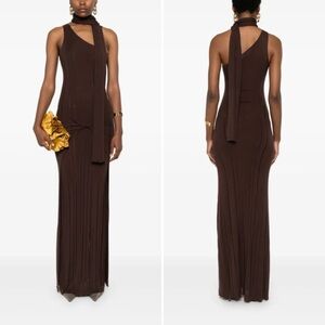 Aya Muse Chocolate Brown Silk Knit Maxi Dress w/ Scarf Size Medium NWT